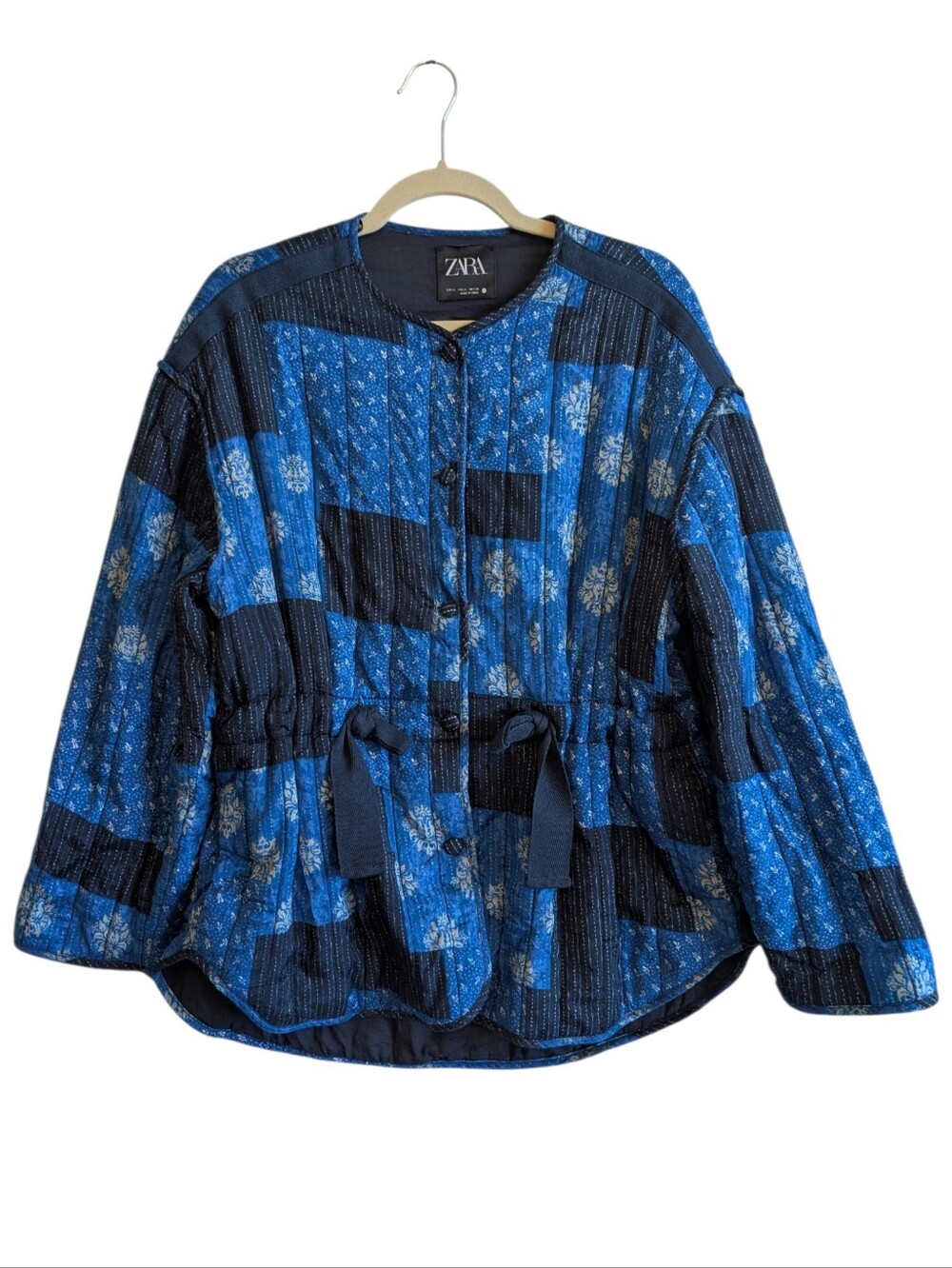 Zara Quilted Patchwork Blue Jacket  Boho Size Medium Geometric